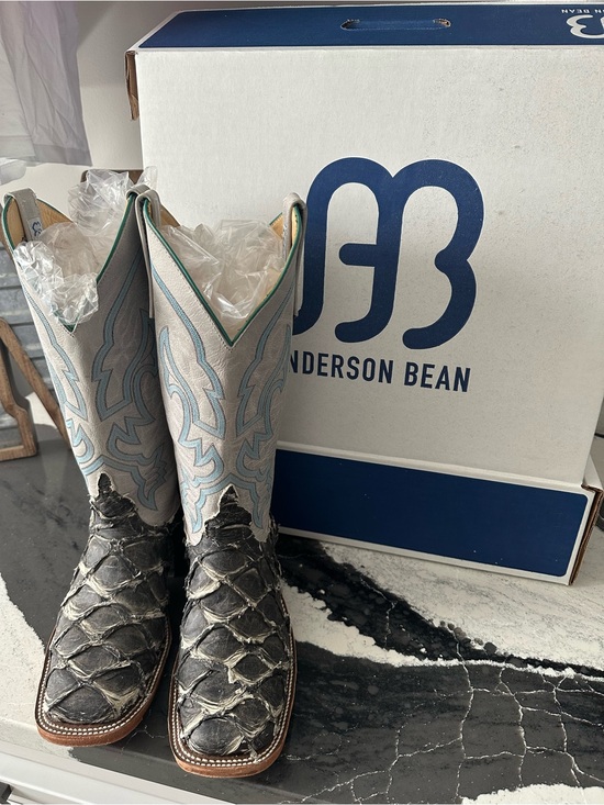 Anderson Bean Shoes - Anderson Bean Women’s Fish Scale Leather and Gray Blue Embroidered Western Boots